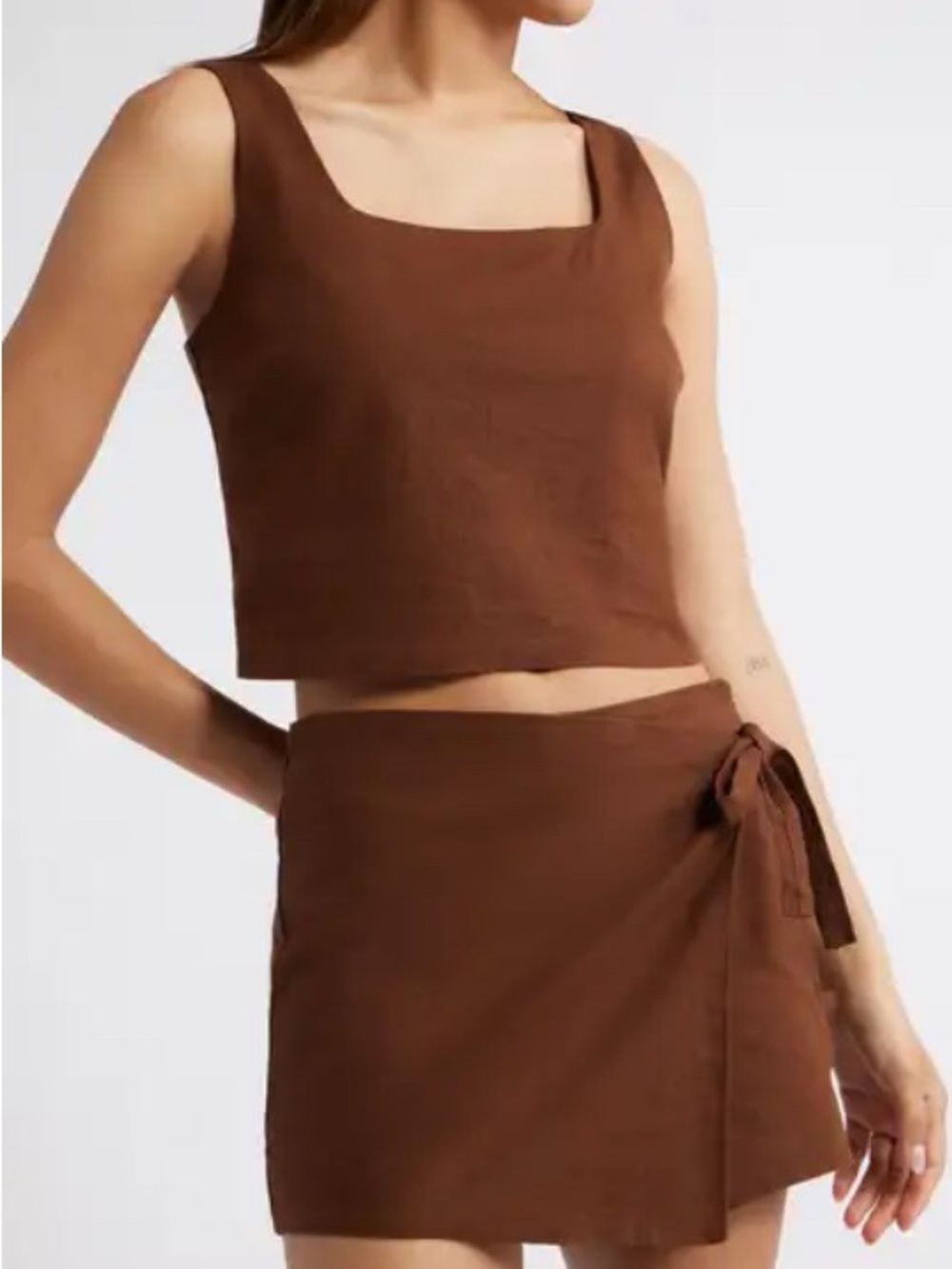 Open edit - Women's Brown Linen Skirt Set - Crop Tank & Wrap Mini